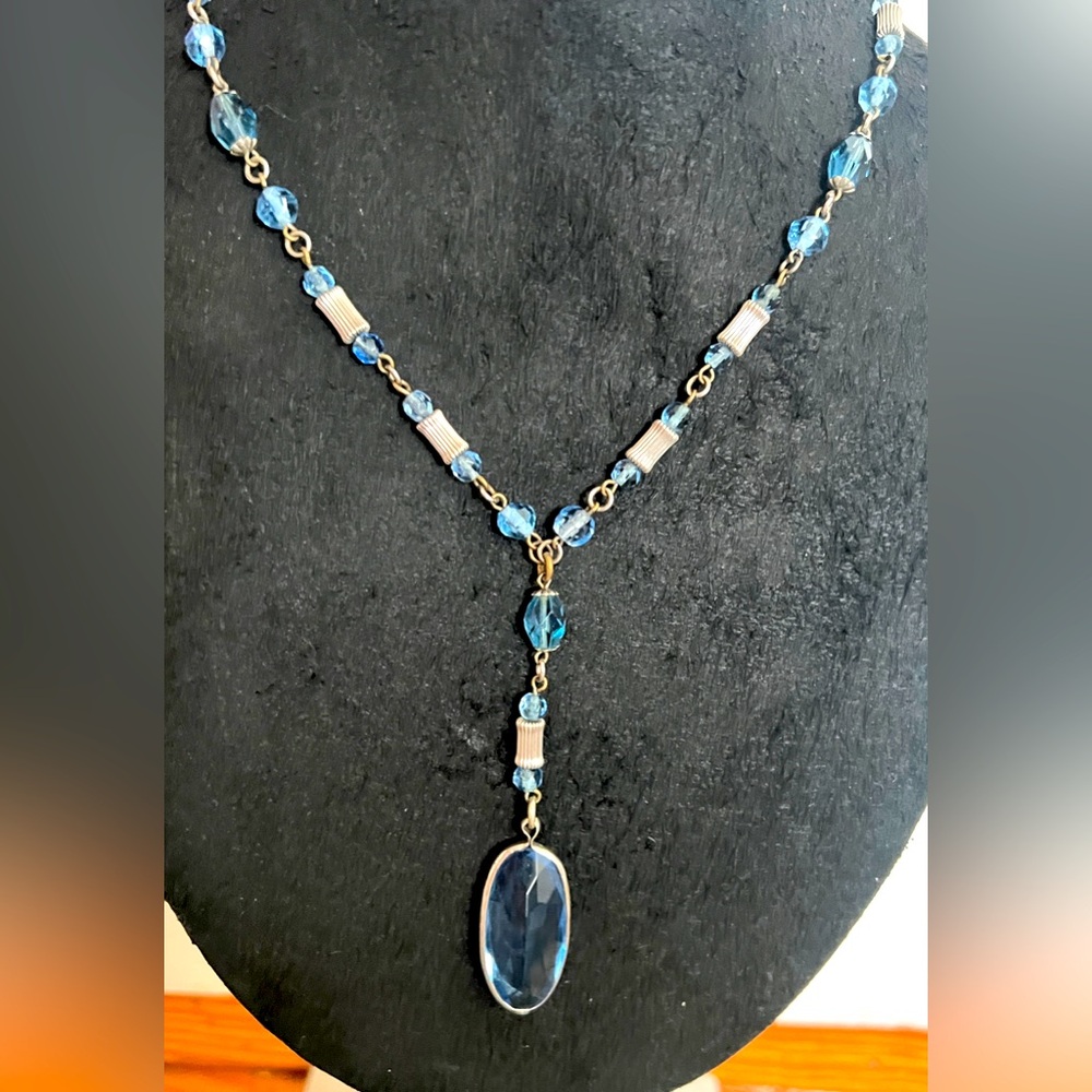 Art Deco Style Blue Glass & Antiqued Metal Y-Lariat Necklace (24 in)